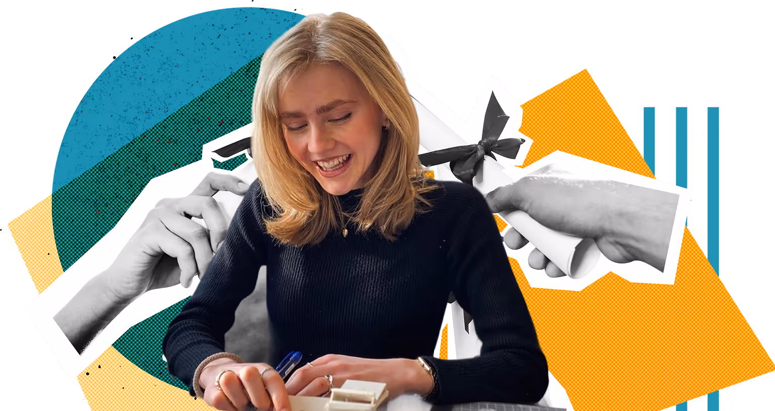 Kvinne med blondt hår og svart genser som smiler mens hun skriver, med fargerike geometriske former og et svart-hvitt bilde av hender som holder et diplom i bakgrunnen.