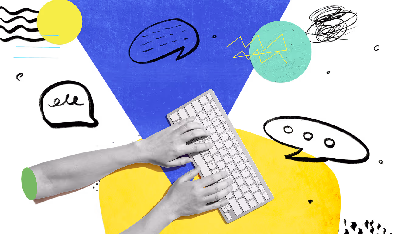 To hender som skriver på et hvitt tastatur med fargerike, abstrakte former og snakkebobler i bakgrunnen.