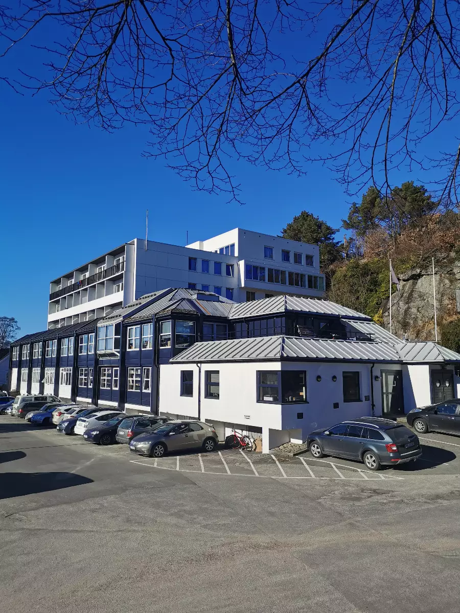 Moderne kontor- eller undervisningsbygning med parkering fylt med biler foran, klart vær og gren av tre uten blader i forgrunnen.