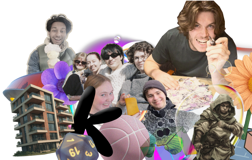 Kollasj av mennesker som smiler, en ung mann holder en liten figur, en gruppe sitter sammen, en yngre person holder et gulvflisverktøy, en 20-sidet terning og en ridderfigur, med blomster, en bygning og en rosa basketball i bakgrunnen.