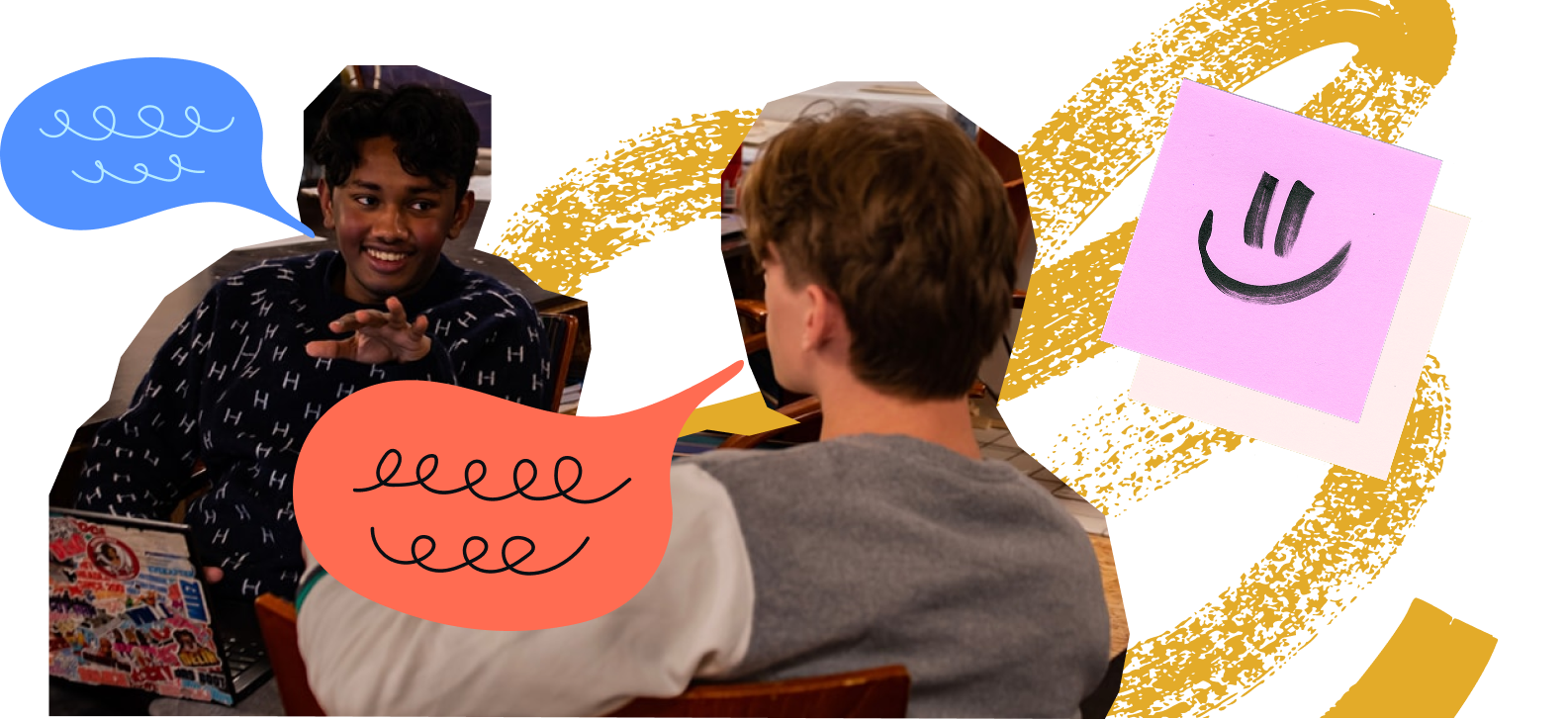 To unge menn som snakker sammen, med en bærbar PC som har mange klistremerker, og fargerike snakkebobler med krøller rundt dem.