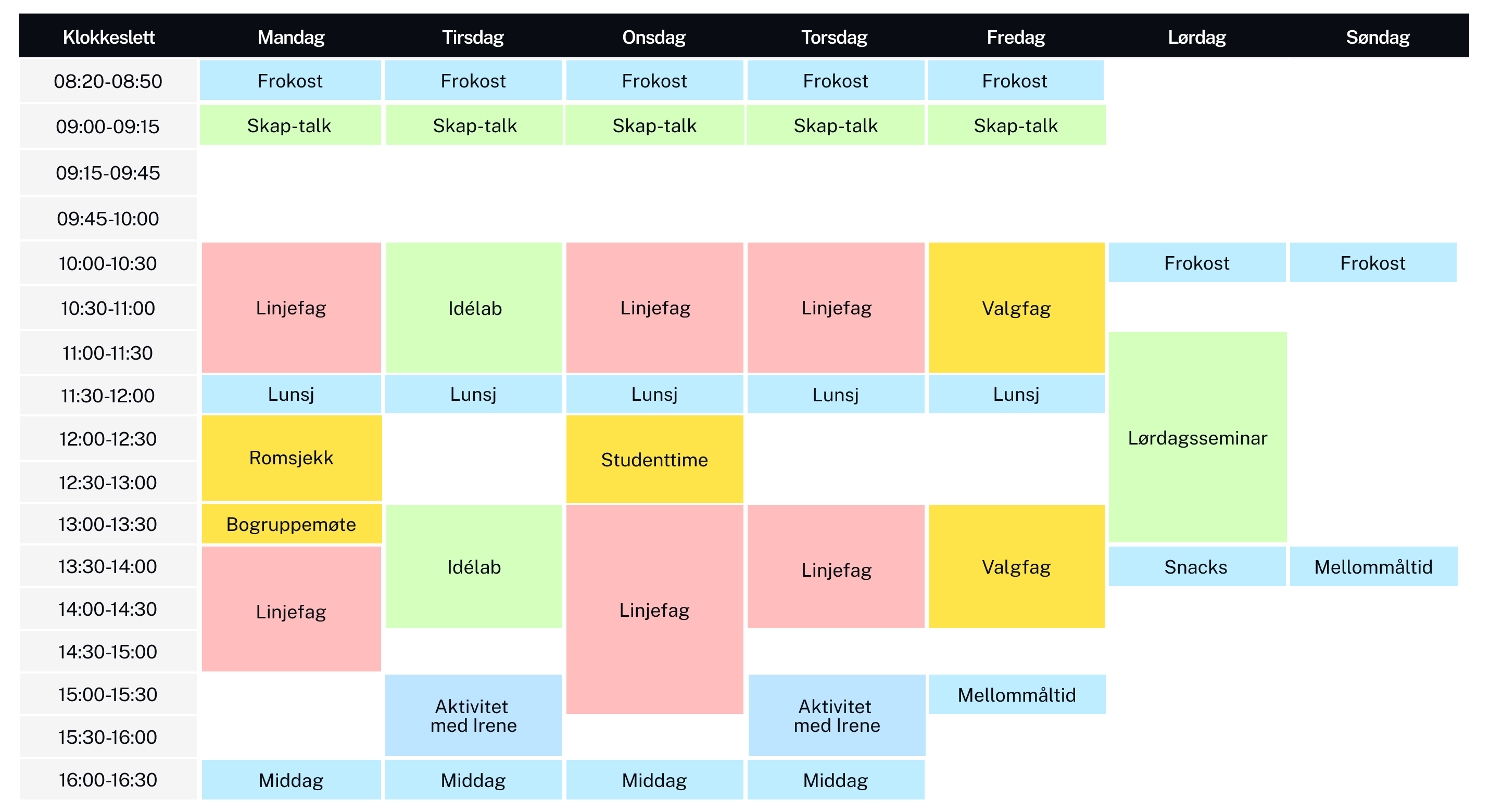 Ukesplan med tidspunkter fra 08:20 til 16:30 mandag til søndag, inkludert frokost, skap-talk, linjefag, idé-lab, lunsj, romsjekk, studenttime, bogruppemøte, valgfag, lørdagsseminar, snacks, mellommåltid, aktivitet med Irene og middag.
