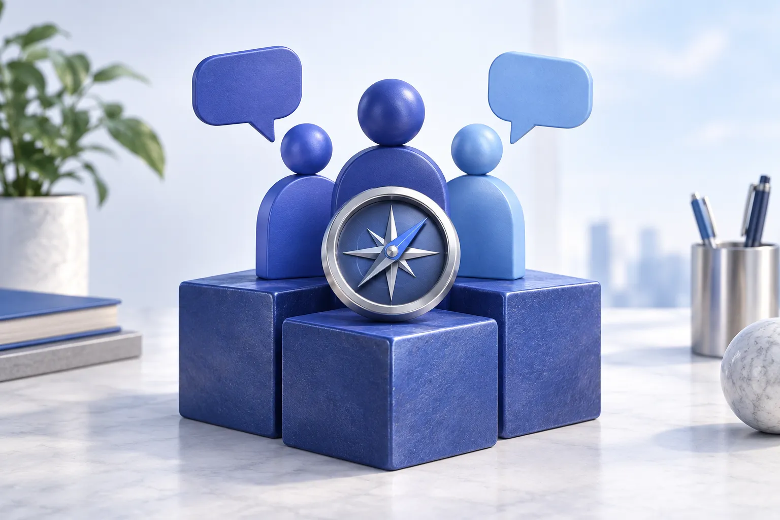 A compass, team figures and conversation symbols representing leadership fundamentals.