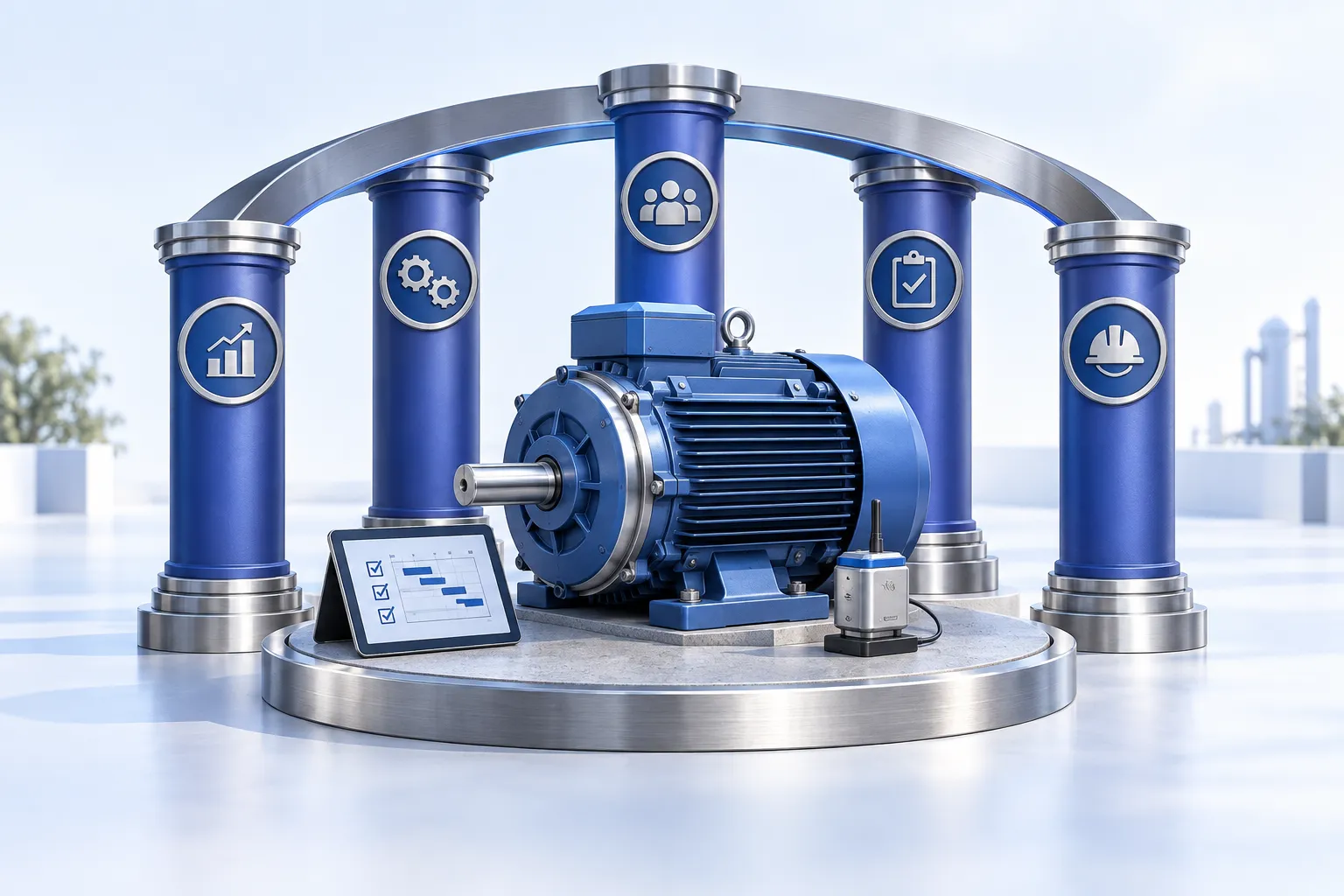 Five connected blue pillars surrounding an industrial motor, representing the SMRP knowledge domains.