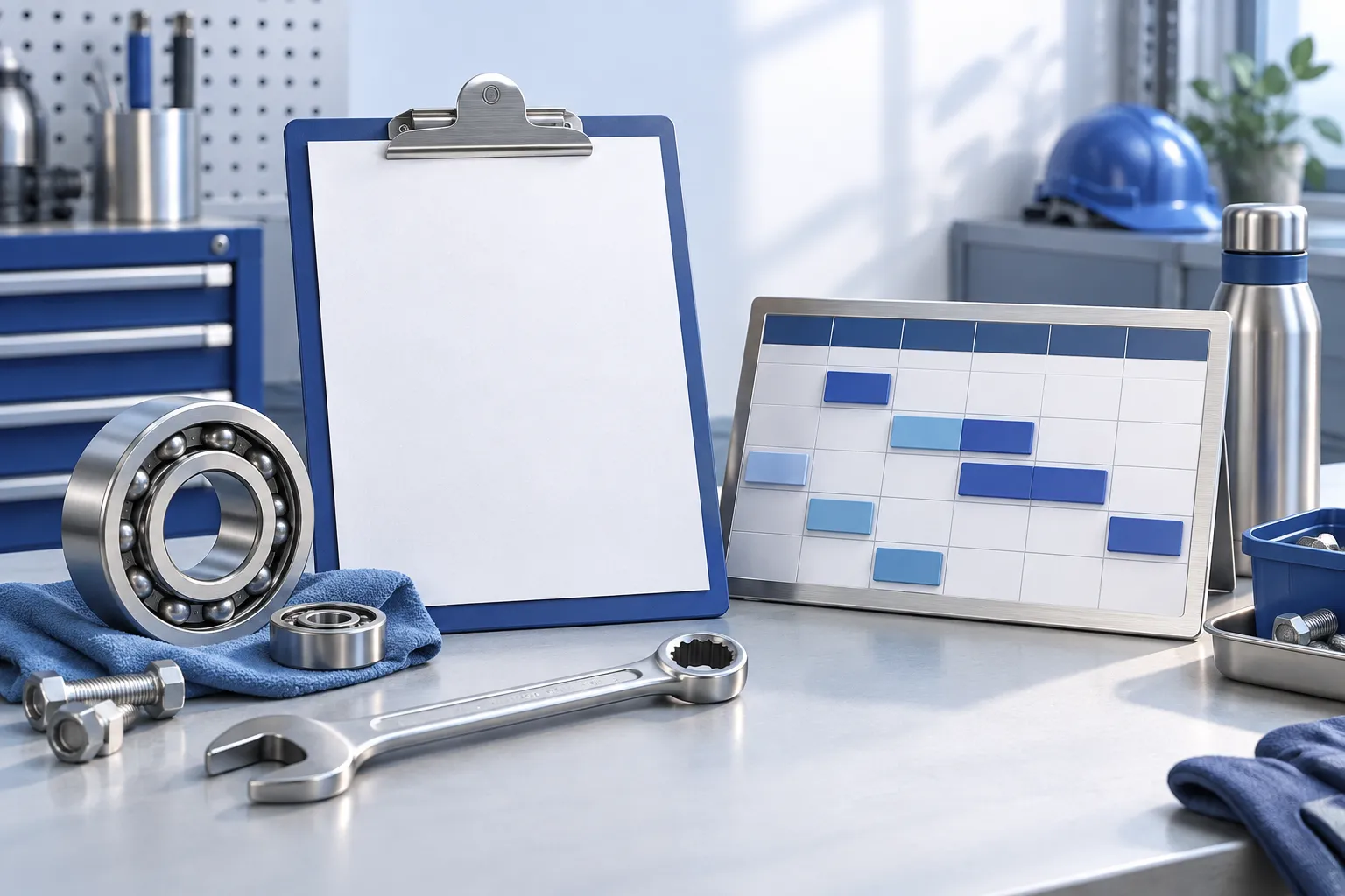 Maintenance planning clipboard, scheduling board, bearing and tools.