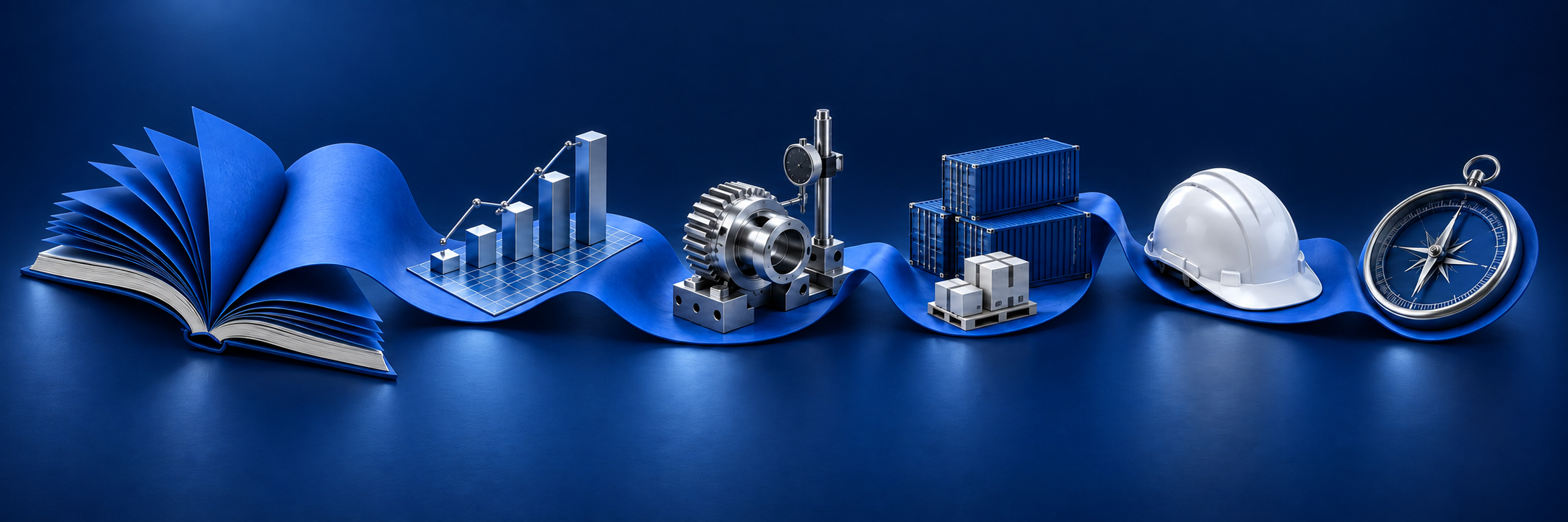 Conceptual illustration: a learning workbook unfolds into one blue pathway connecting financial analysis, precision engineering, supply-chain logistics, workplace safety, and leadership.