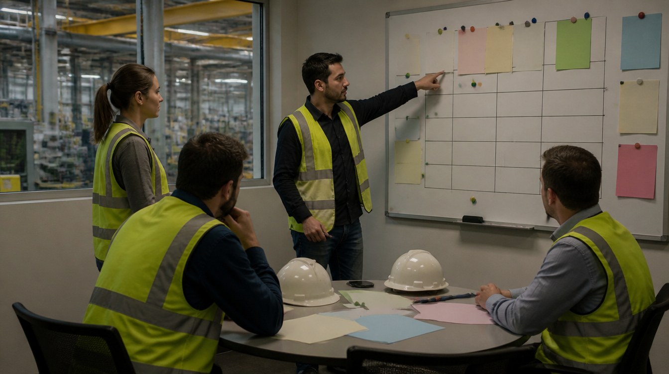 A maintenance team reviewing a planning board in a plant meeting room