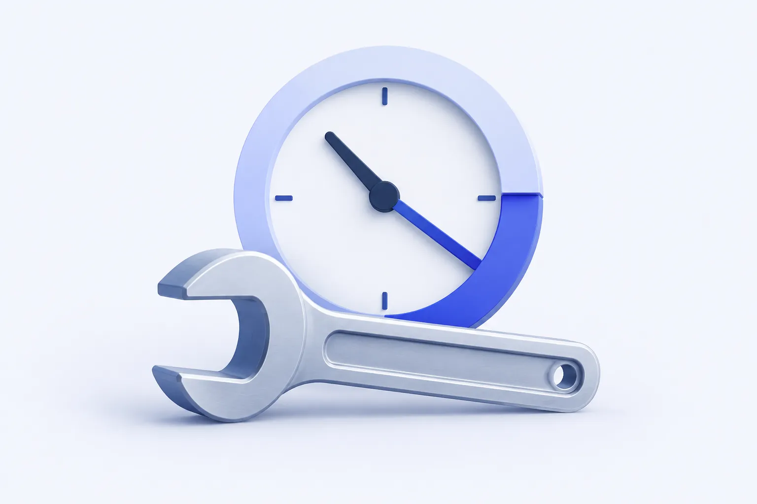 An indigo clock and industrial wrench illustrating hands-on maintenance time.