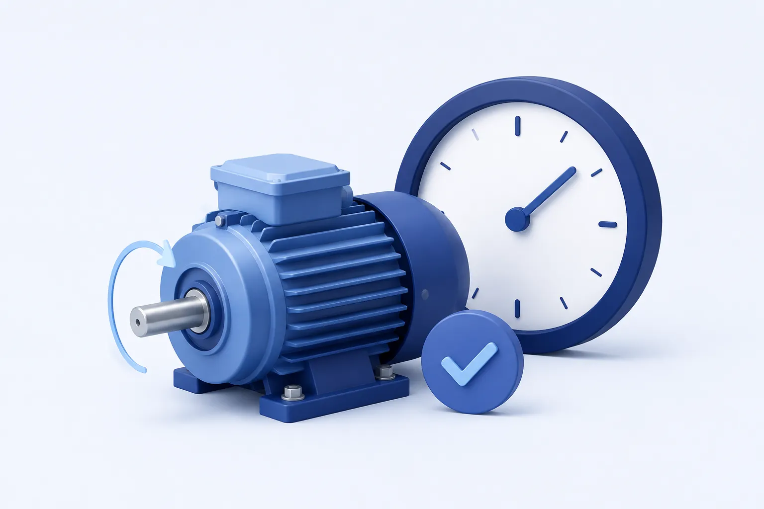 A clean industrial motor with its shaft turning, shown by one subtle curved motion arc, beside a simple clock with a broad continuous indigo ring.