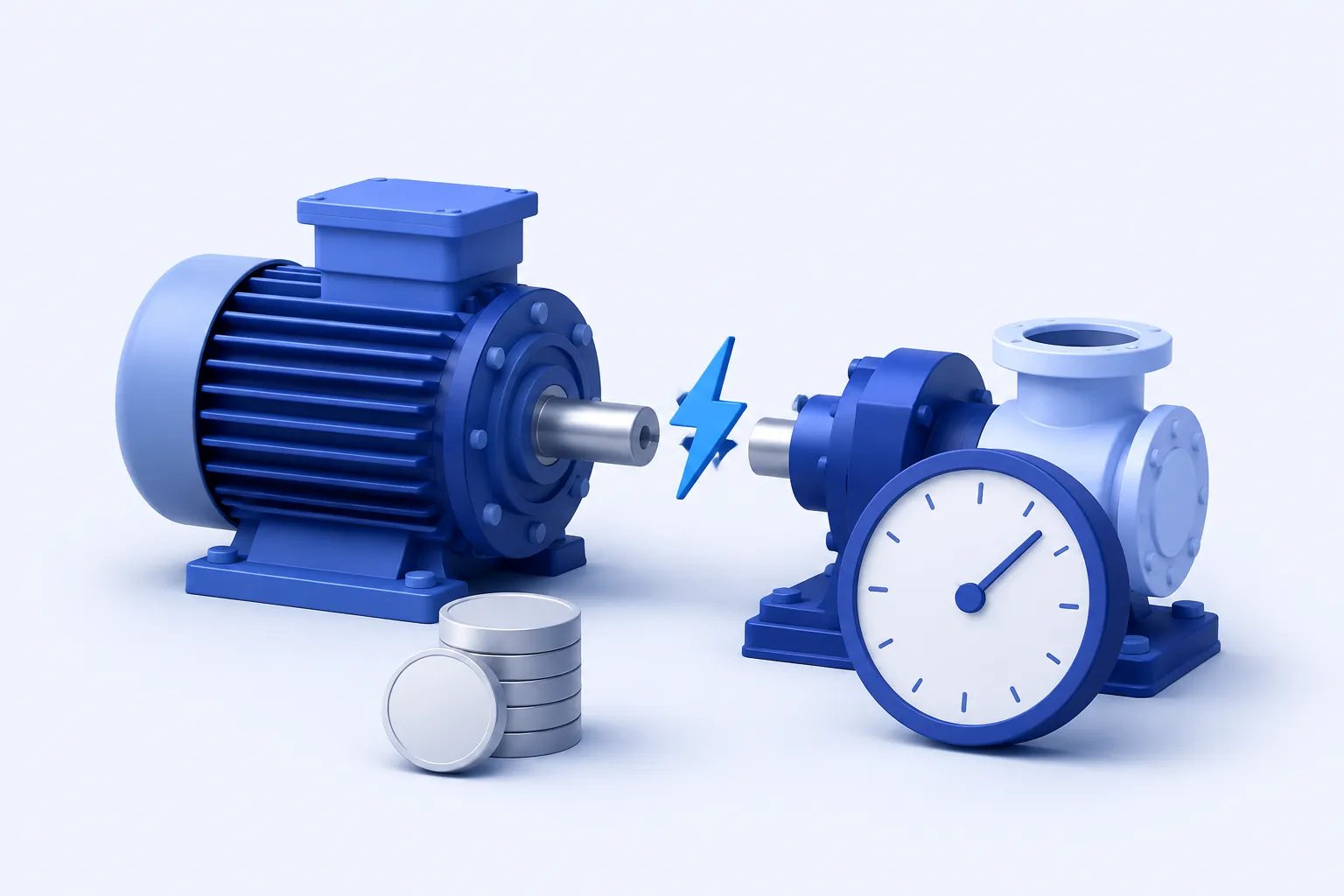 A simplified industrial motor interrupted by a visible gap in its drive shaft, with a small lightning-bolt interruption symbol and a clock beside it.