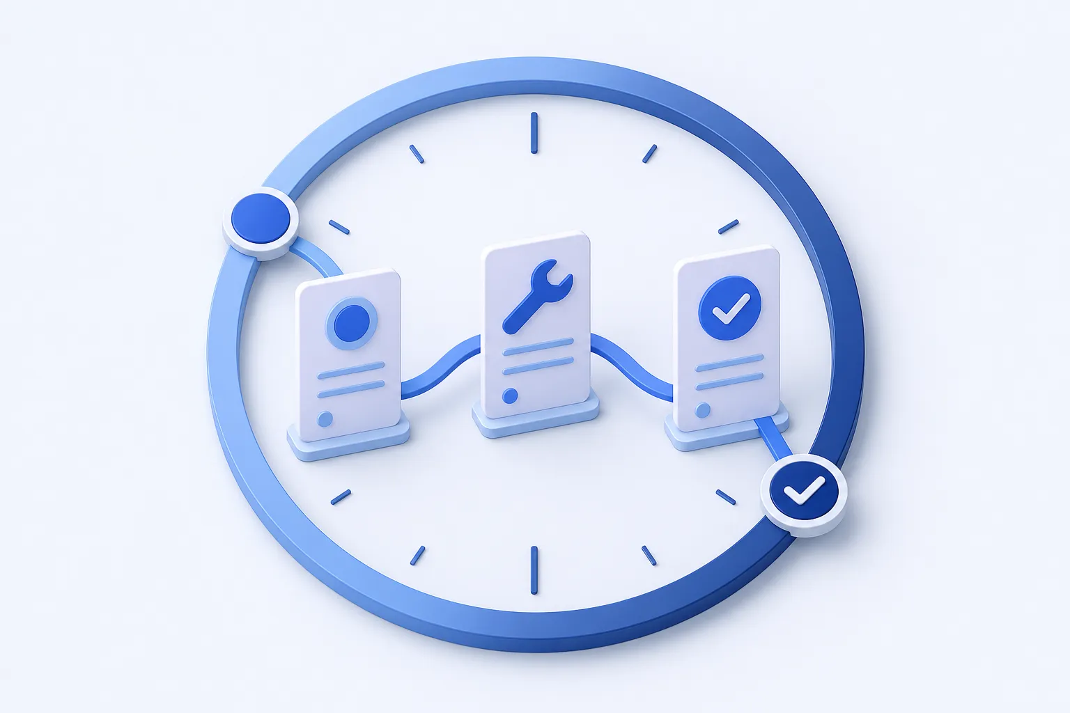 Three upright work-order cards connected along a smooth curved process path: an incoming request dot, a central wrench, and a final check mark.