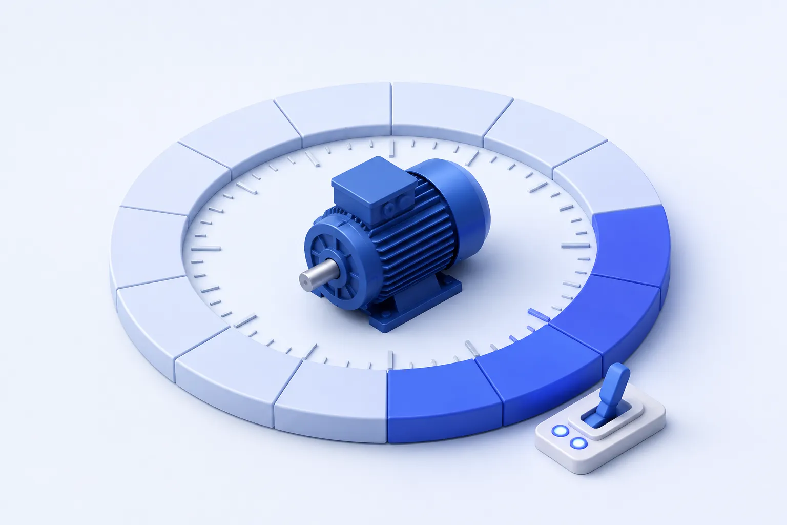 A factory motor resting inside a broad circular calendar-time ring, with one clearly highlighted indigo segment and remaining pale segments.