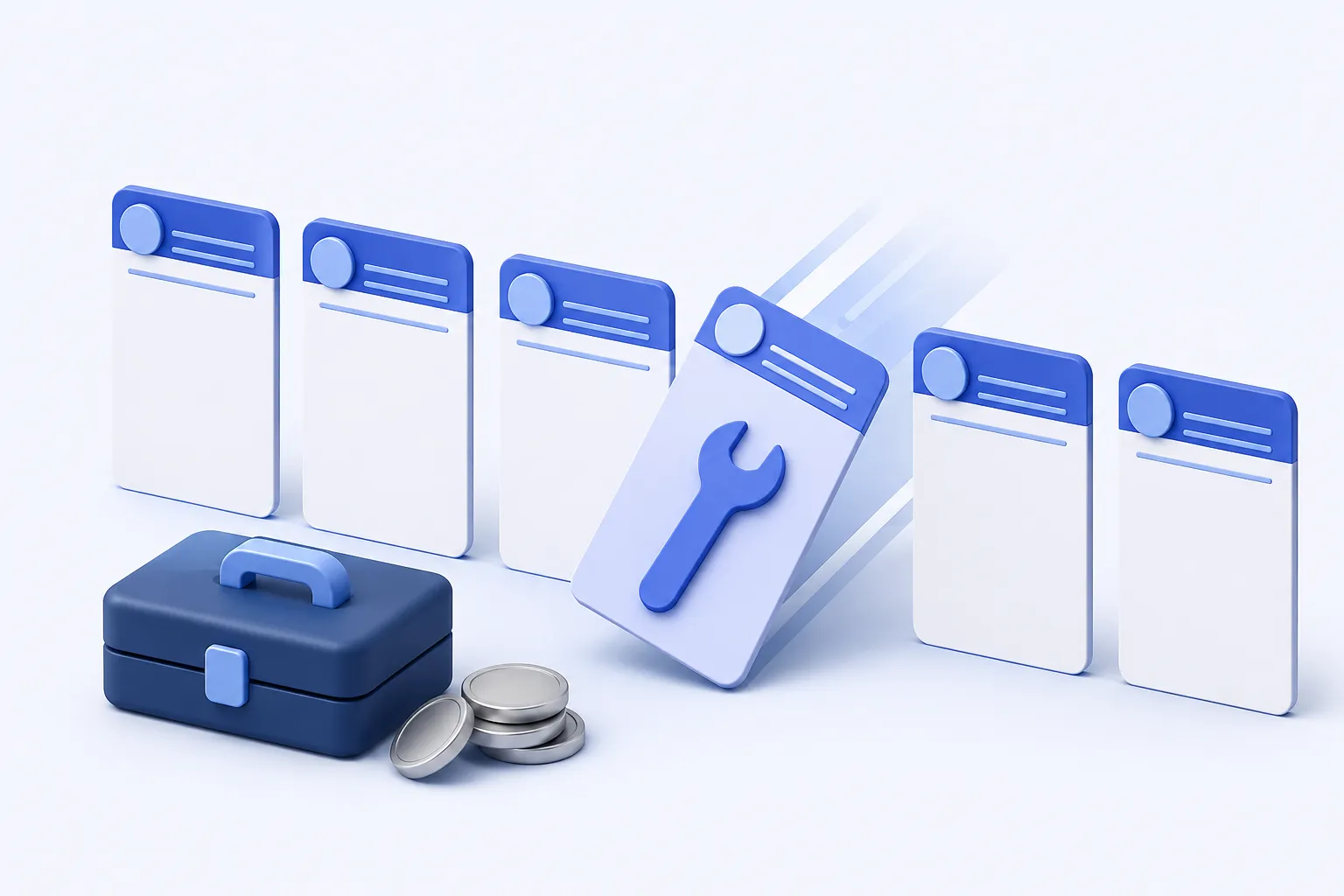 An orderly row of blank work-order cards interrupted by one diagonally arriving wrench card.