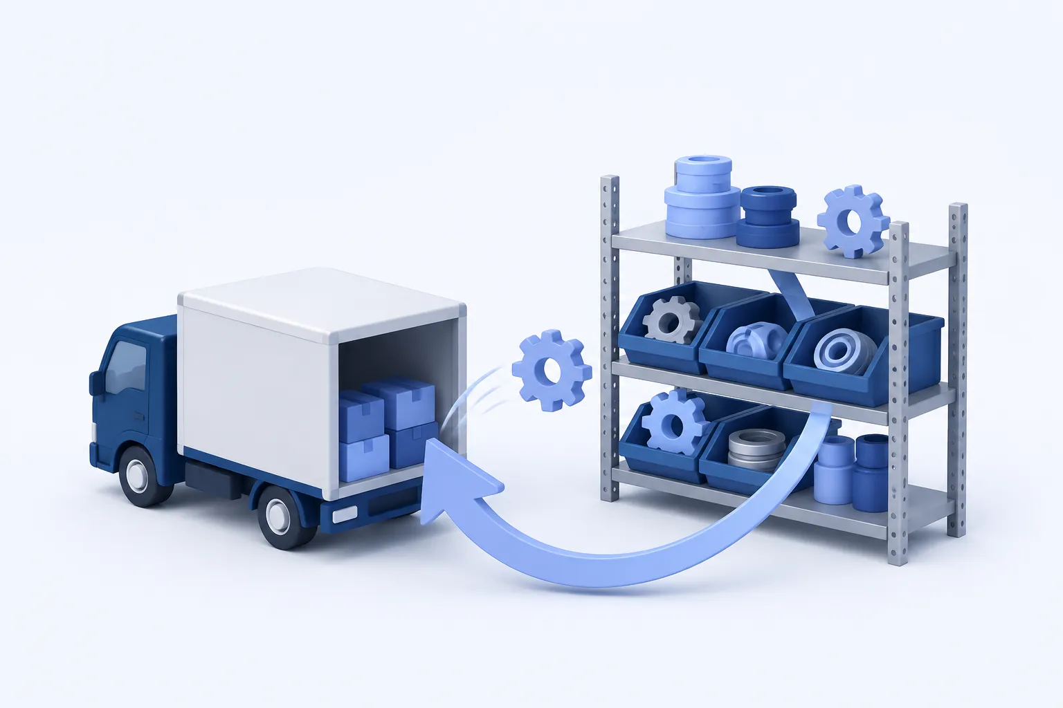 A compact supplier delivery truck beside a neat industrial spares rack, with a single broad curved arrow returning from the rack to the supplier.