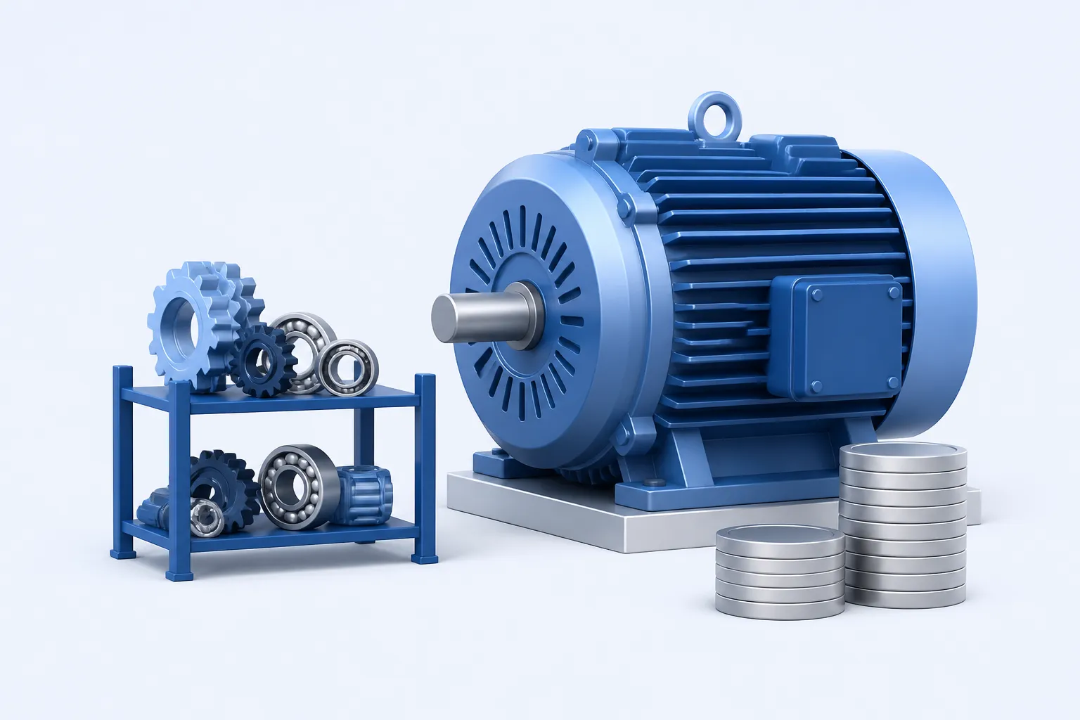 A small organized rack of spare gears and bearings beside a much larger simplified industrial motor, balanced by a pair of plain coin stacks.