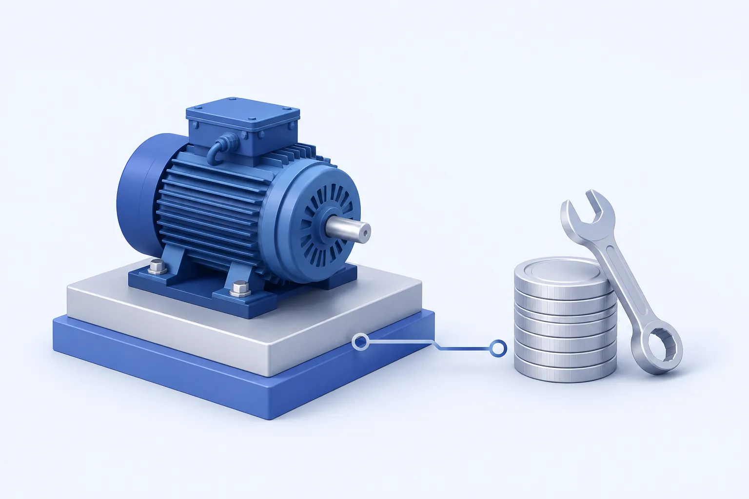 A substantial factory asset represented by a compact motor on a wide pedestal, paired with a smaller stack of plain metal coins and a wrench.