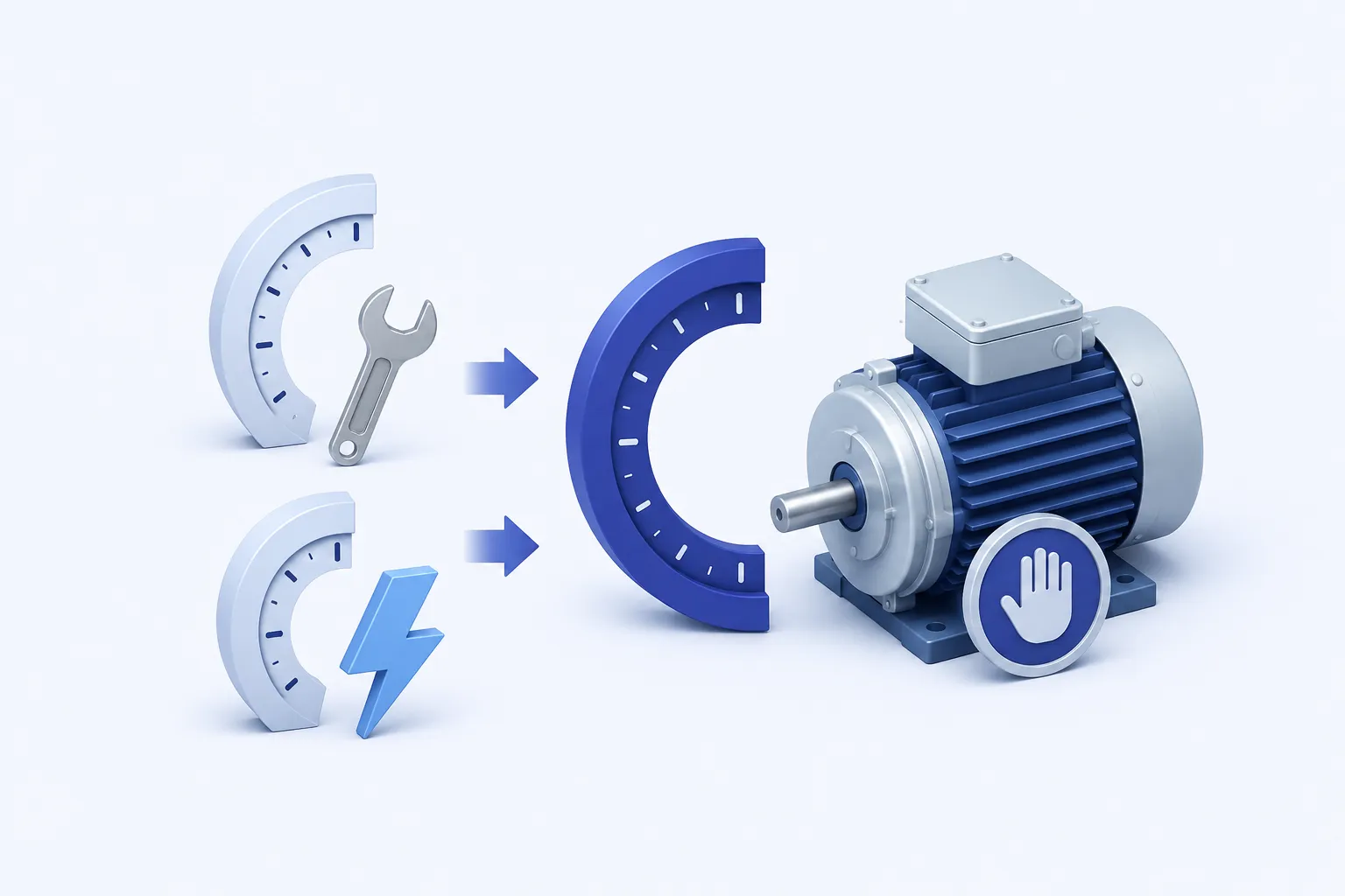 Two separate pale clock-ring segments, one beside a wrench and one beside an interruption bolt, joining into one combined indigo downtime arc beside a stopped industrial motor..