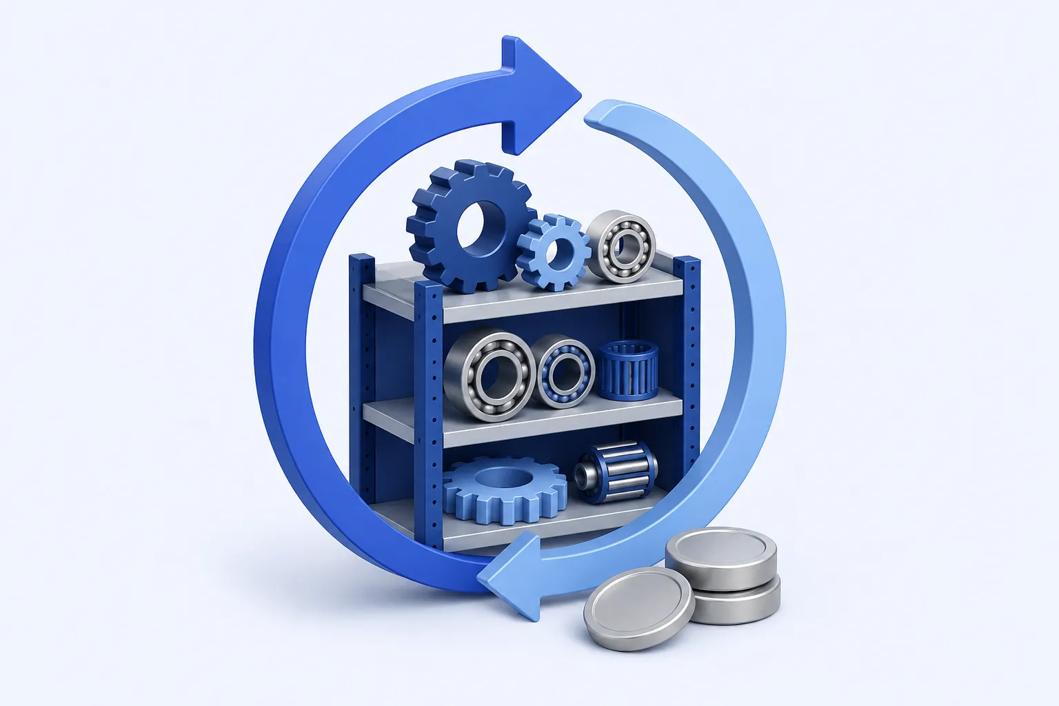 A compact storeroom shelf of gears and bearings encircled by one broad circular arrow.