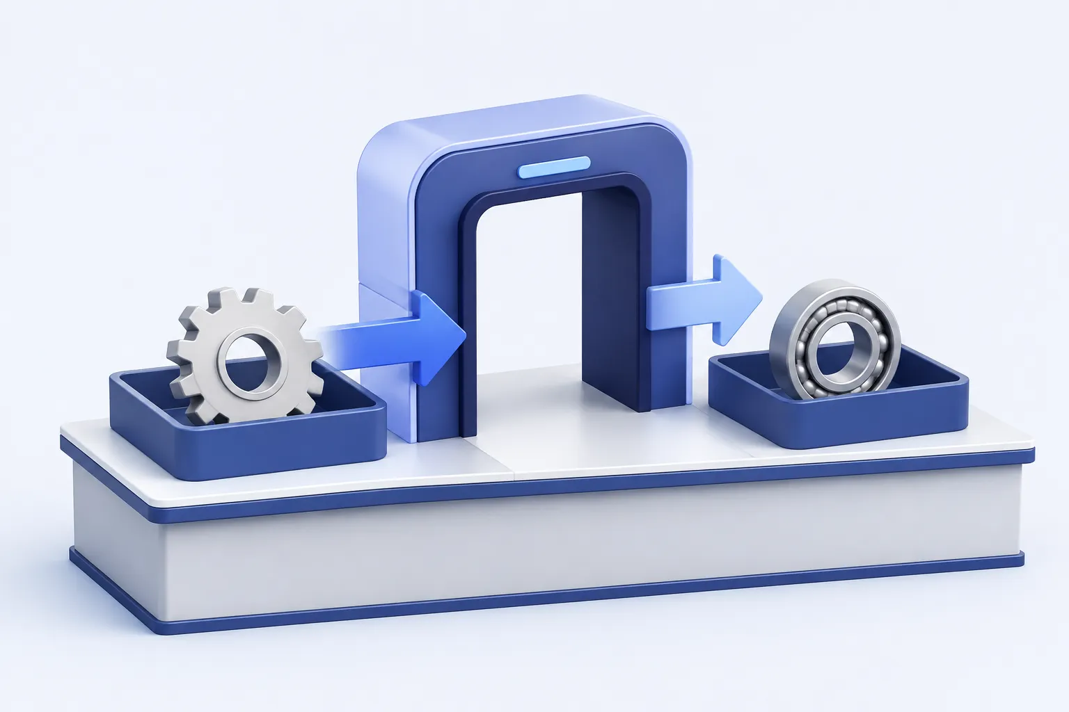 A clean storeroom counter with two compact trays: one incoming gear and one outgoing bearing, with directional arrows moving through a central scan arch.