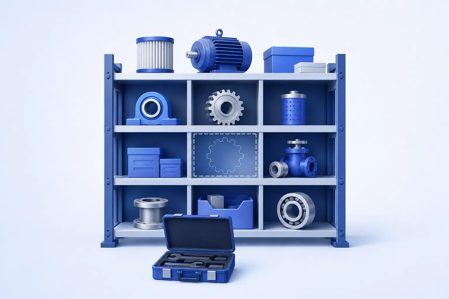 An industrial spares shelf with one unmistakably empty outlined cubby where a gear should be, a faint gear-shaped outline within the empty space, and a waiting open tool case below..