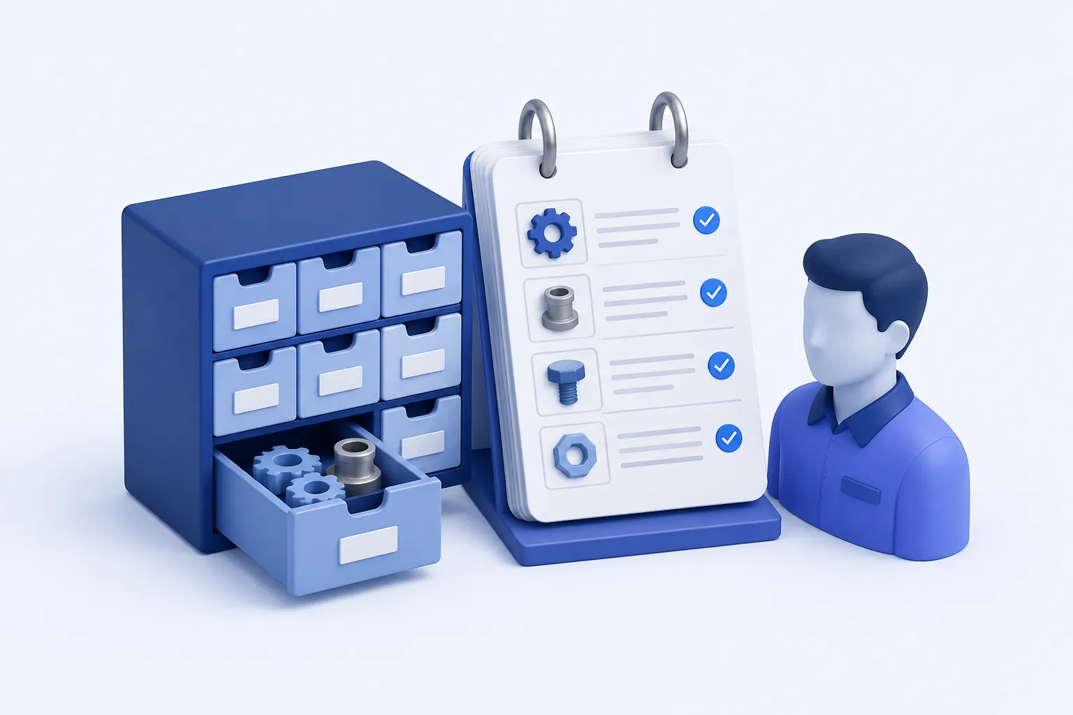 A tidy set of small industrial parts drawers connected to an upright catalogue card containing simple gear silhouettes and check marks.