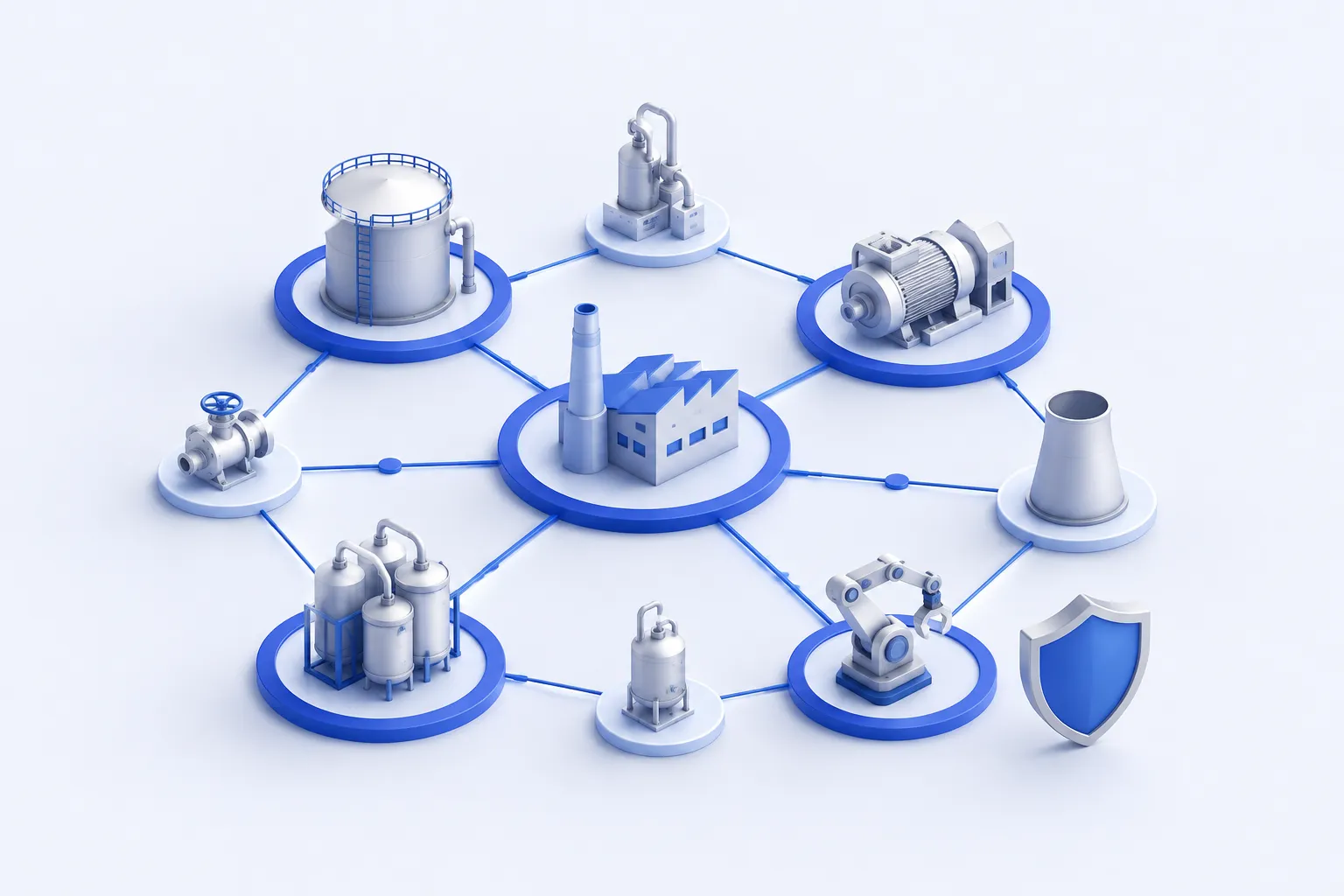 A clean connected network of industrial gear nodes, with selected important nodes enclosed in indigo assessment rings and a small shield beside the network.