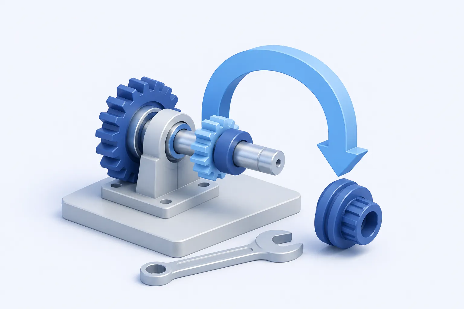 A partially assembled gear-and-shaft mechanism with a broad U-turn arrow leading a removed component back to the workbench.