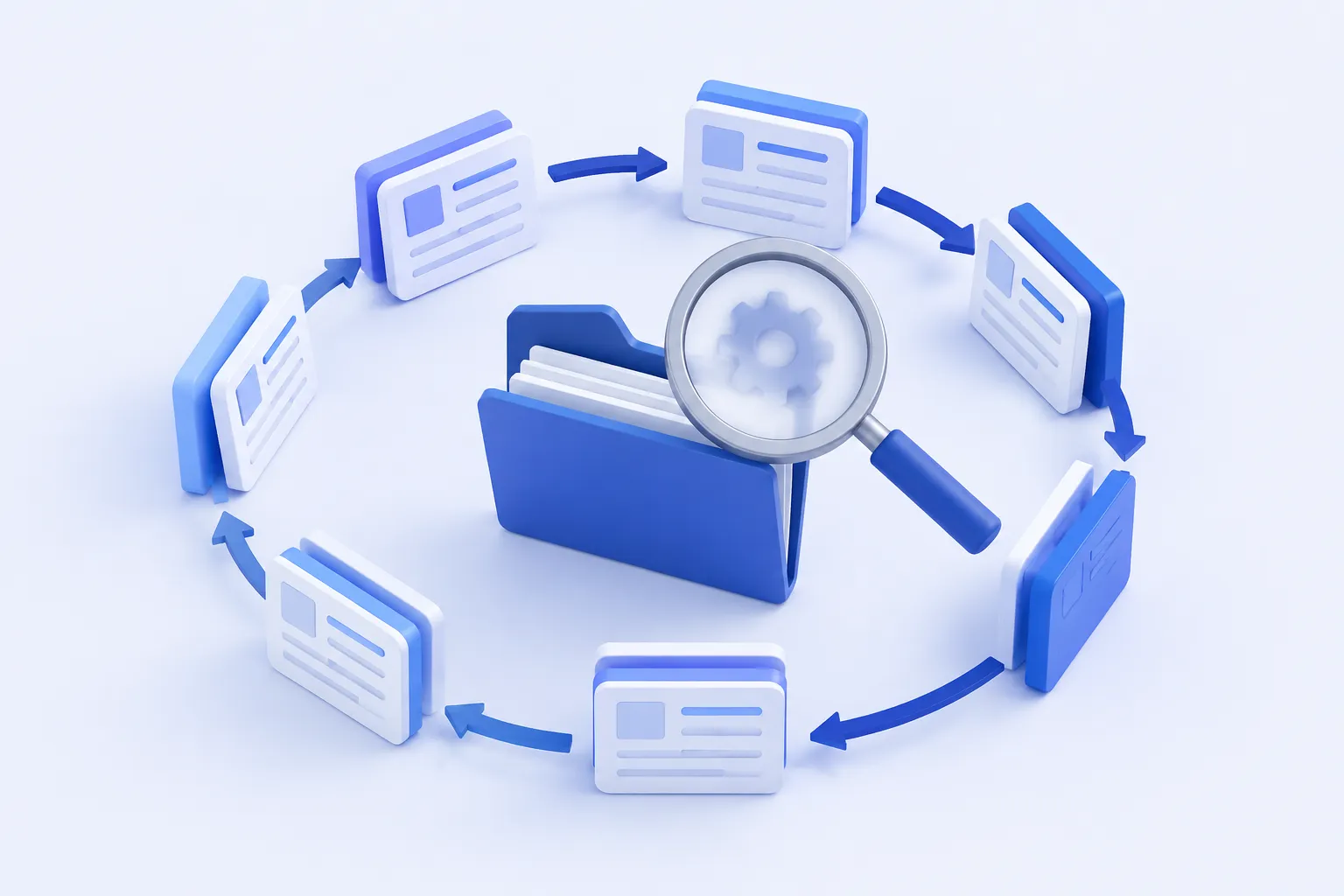 A thick loop of recurring work-order cards circling back to a single generic open folder.