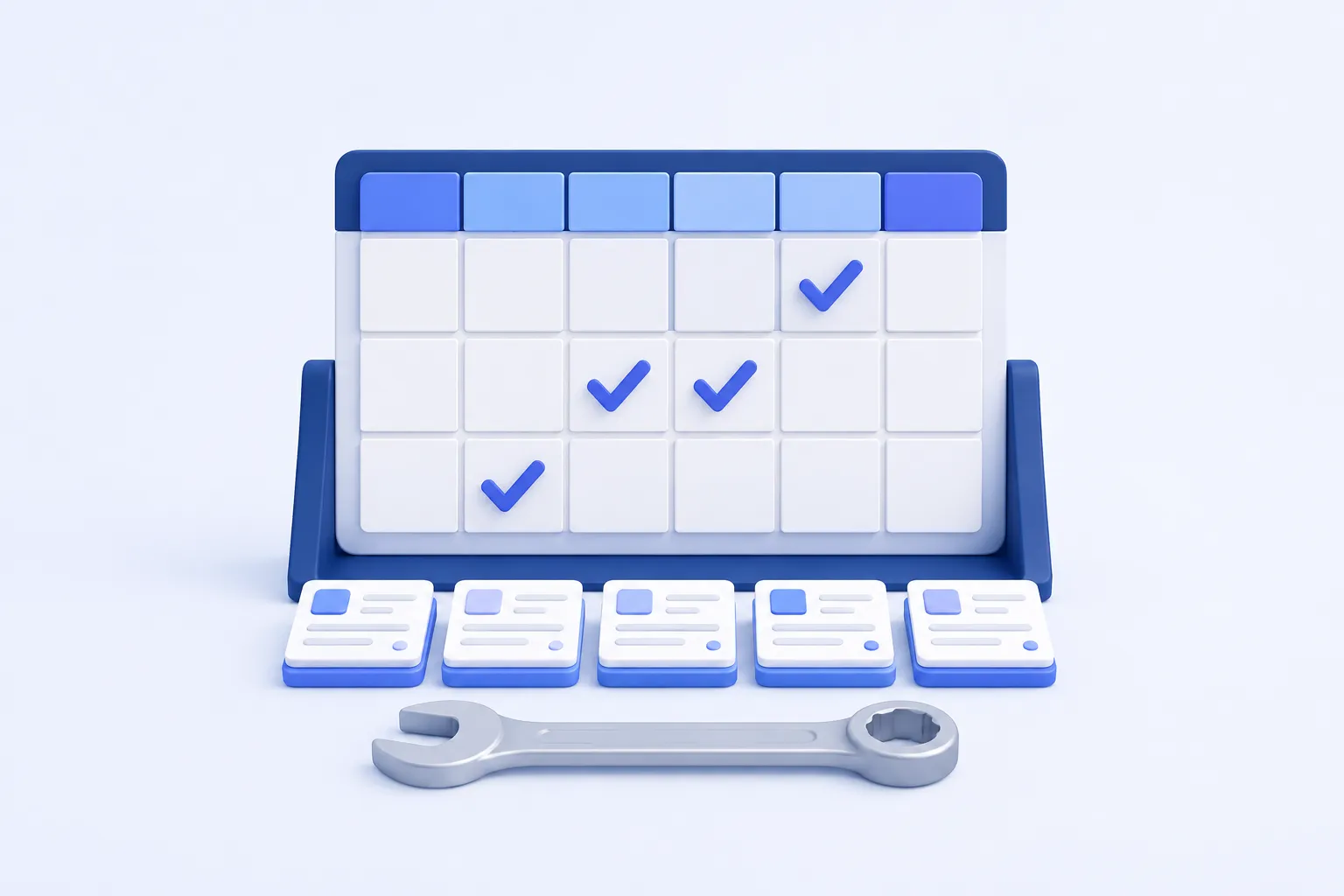 An upright weekly planning board made of blank square tiles, with several indigo check marks aligned with small work-order cards below.