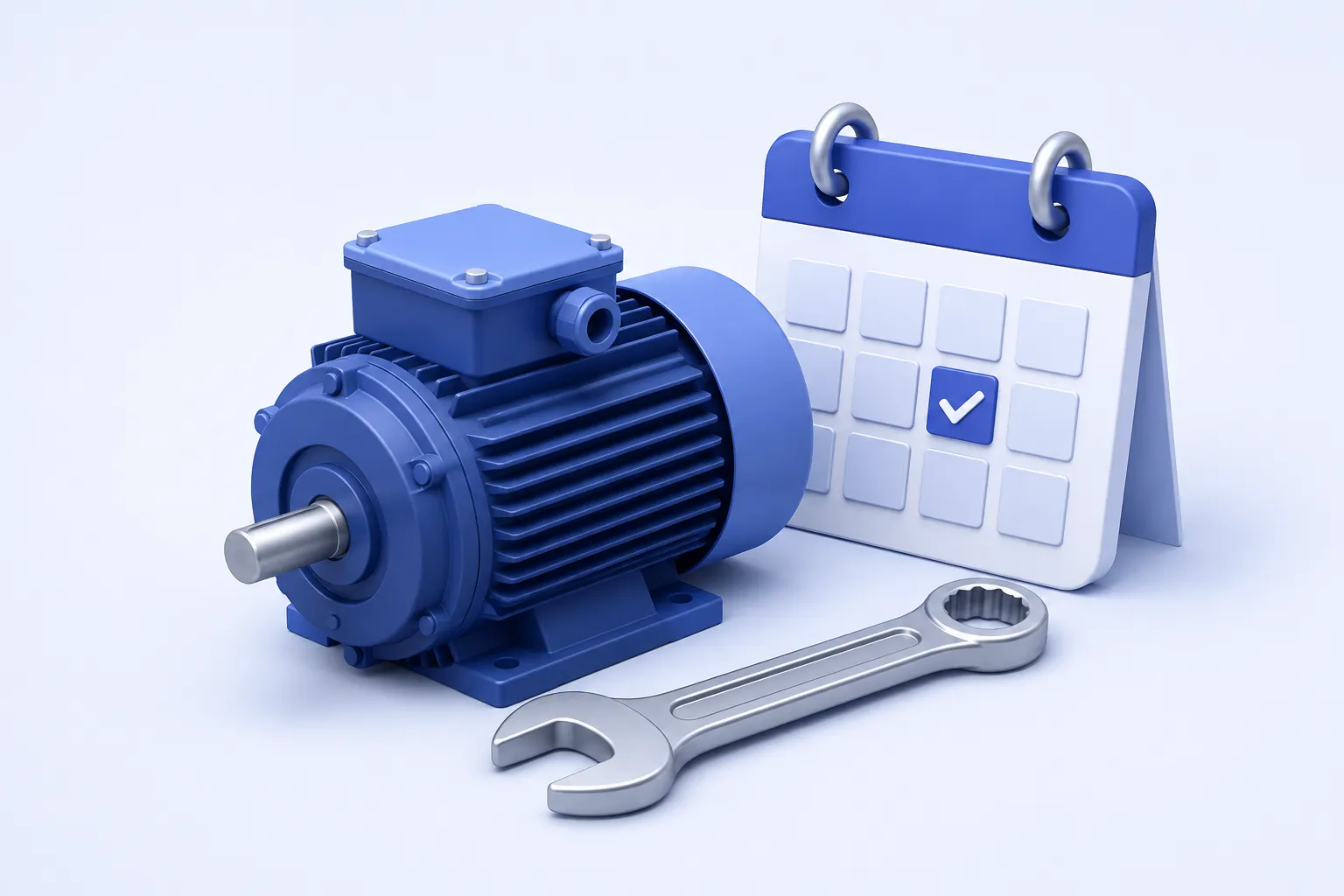 A stopped industrial motor with a neatly placed wrench in front and a calendar tile containing one highlighted square and a check mark.