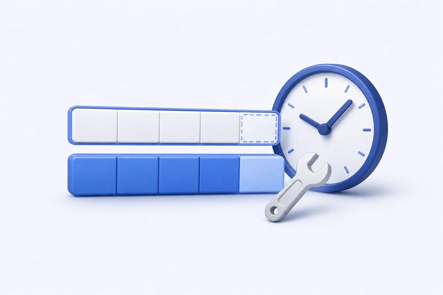Two clean horizontal segmented time bands aligned one above the other, one outlined and one filled, paired with a clock and small wrench.