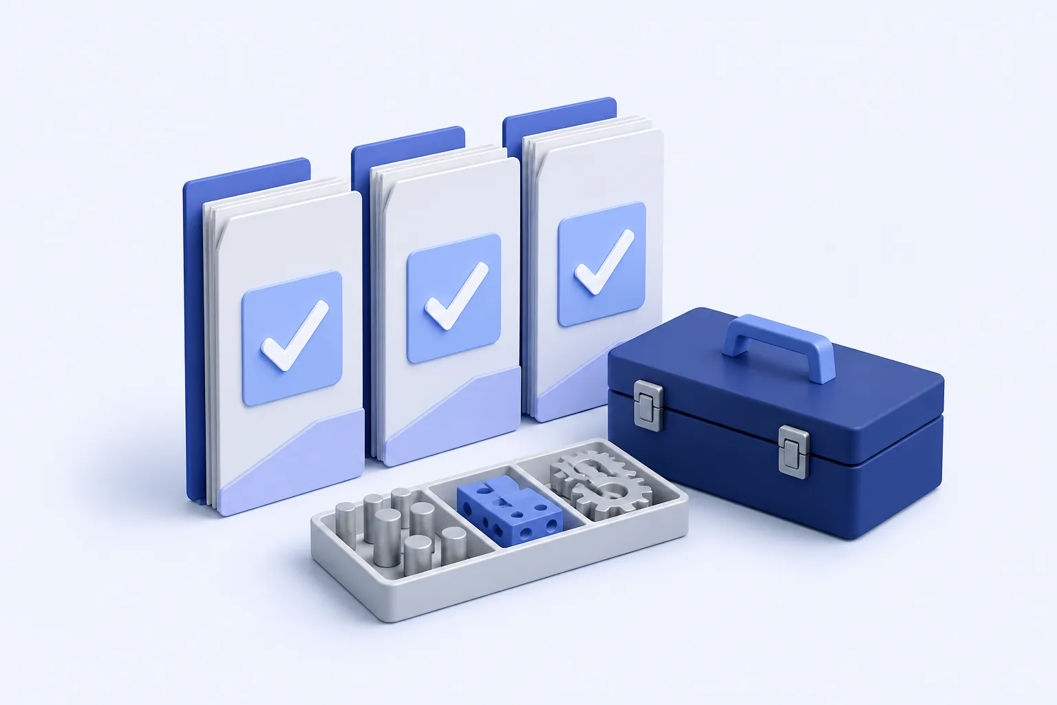 An orderly queue of three upright work packs, each showing a simple check mark, with a small tray of prepared parts and a tool case ready beside them.