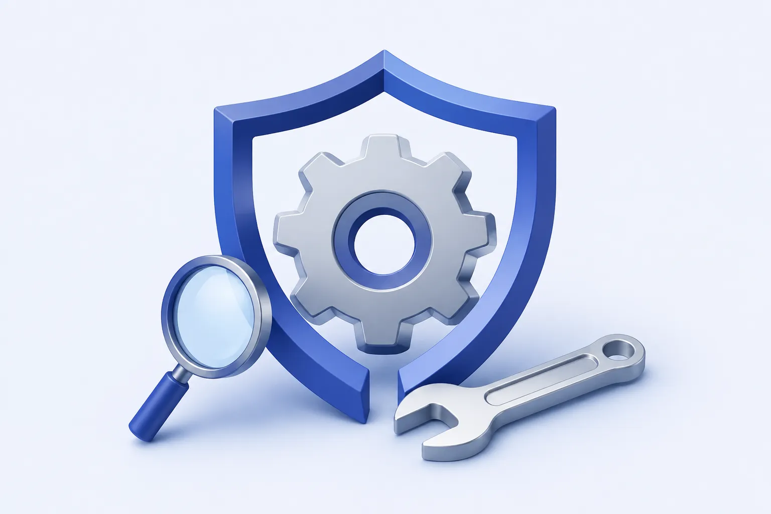 A healthy industrial gear enclosed by an open protective shield, with a small inspection magnifier and a wrench calmly arranged beside it.