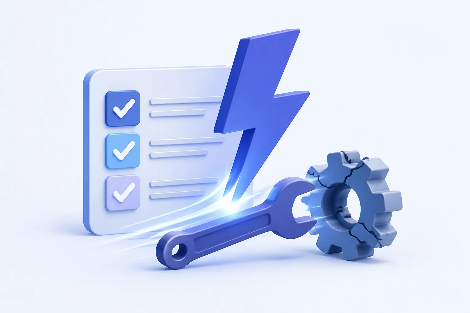 A wrench being drawn toward a compact damaged gear by a prominent interruption bolt, while an orderly planned-work card stands behind.
