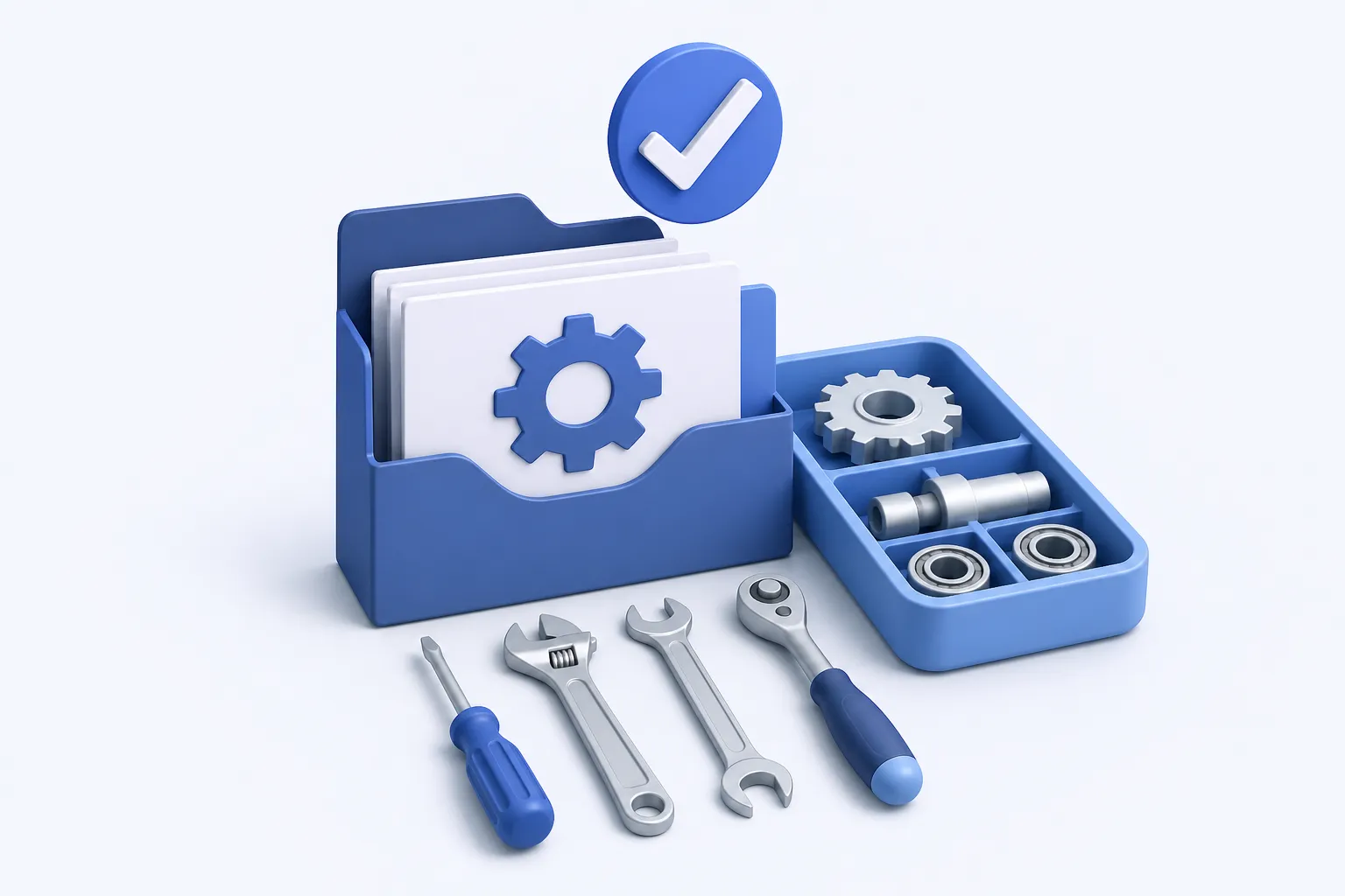 An organized open work pack showing a simple gear silhouette, paired with a staged parts tray and neatly aligned maintenance tools.