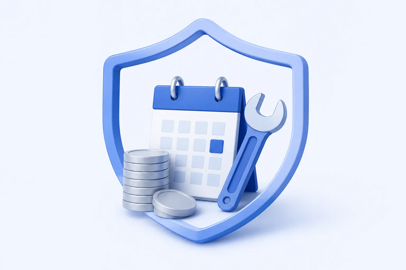 A small stack of plain coins beside a calendar tile and a clean wrench, all enclosed by a soft protective curved shield outline.