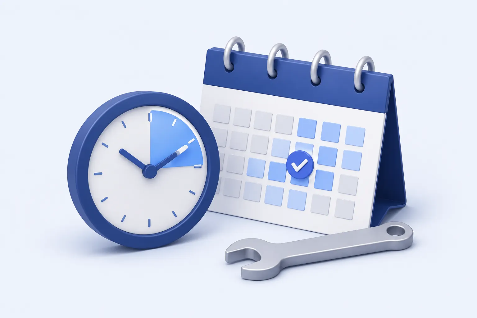 A clean circular clock beside a calendar tile with a recurring service check mark, with a small neatly aligned wrench.