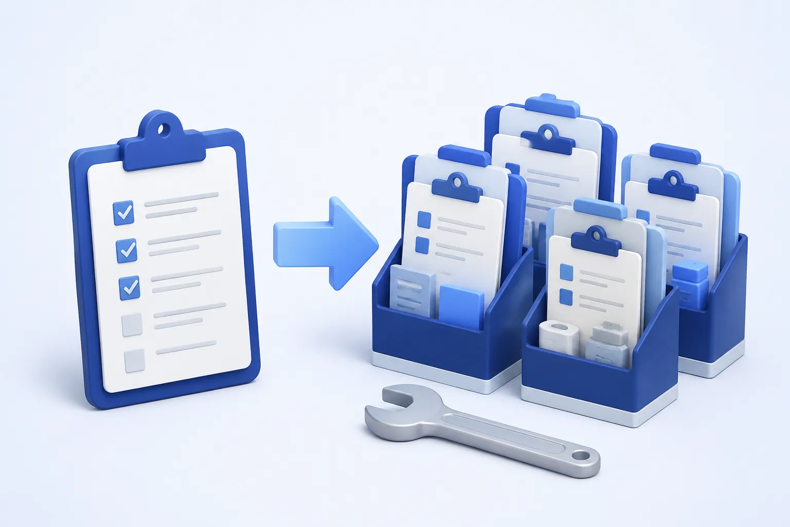 A single upright planning clipboard transforms through a simple broad arrow into several complete work packs neatly arranged beside a wrench.
