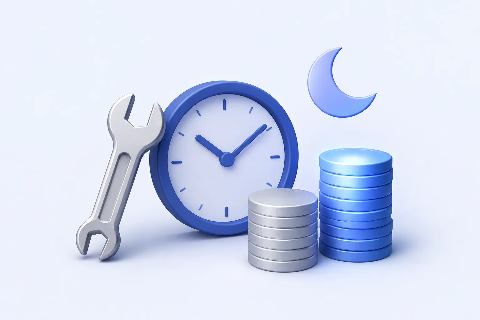 A wrench beside a clock and two plain coin stacks, the taller stack gently highlighted, with a small crescent moon.