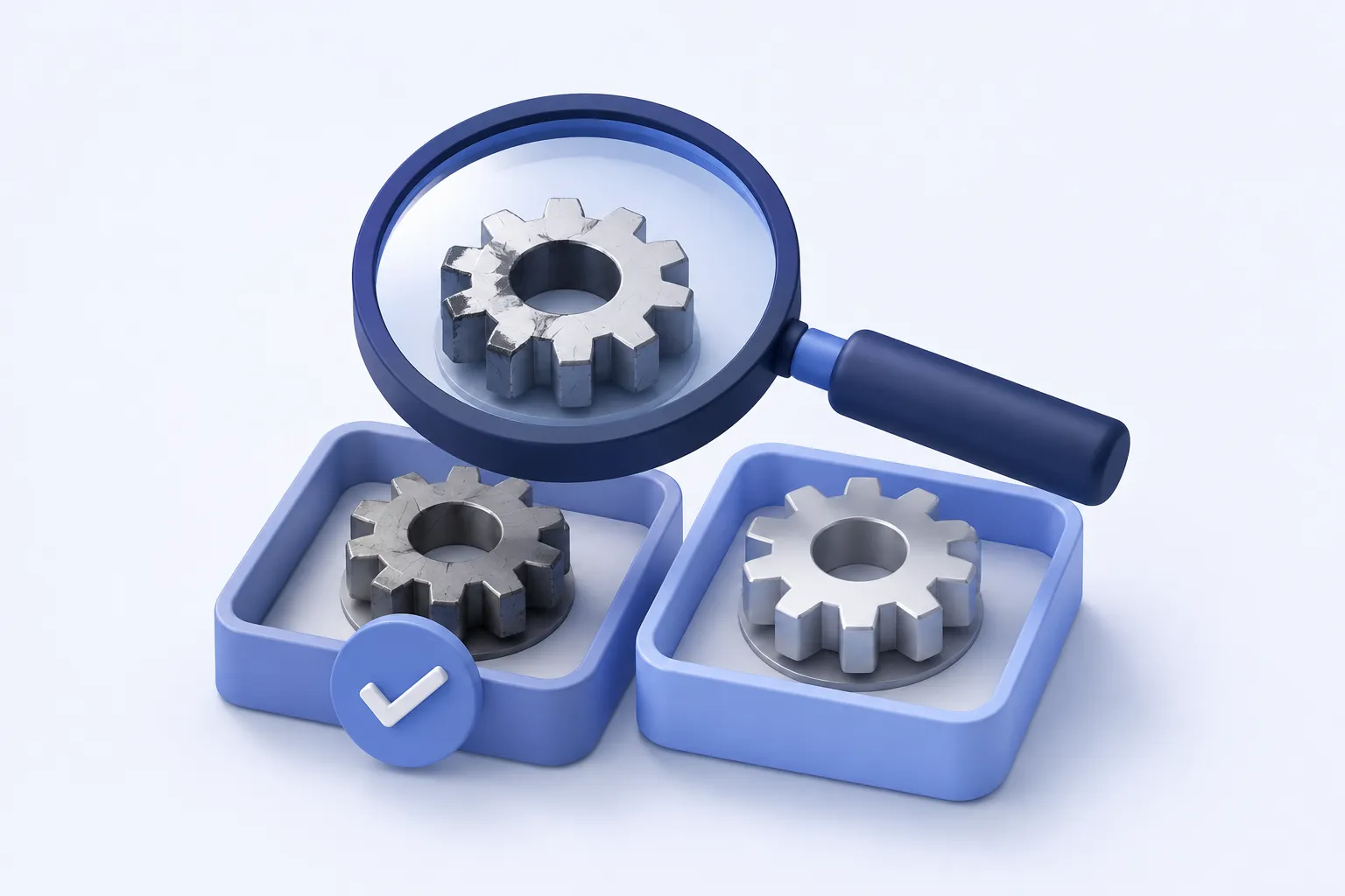 An inspection magnifier above two small component trays, one containing a visibly worn gear and a check mark, the other a healthy gear.