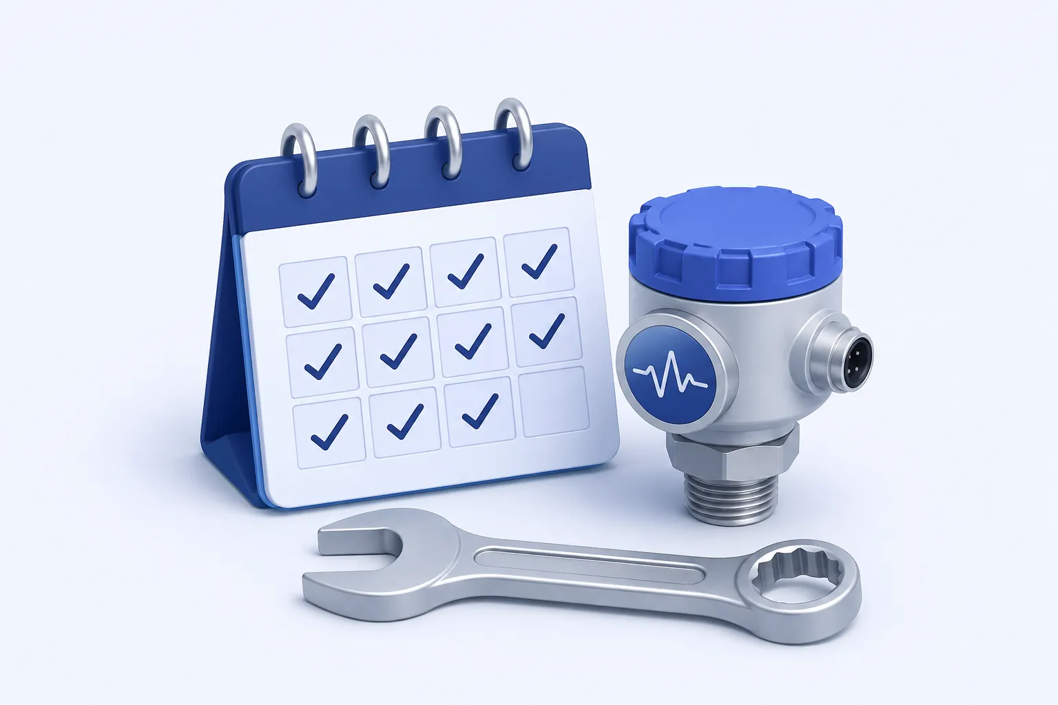 A compact calendar tile beside an industrial sensor and a wrench, with a sequence of crisp indigo check marks matching the calendar squares.