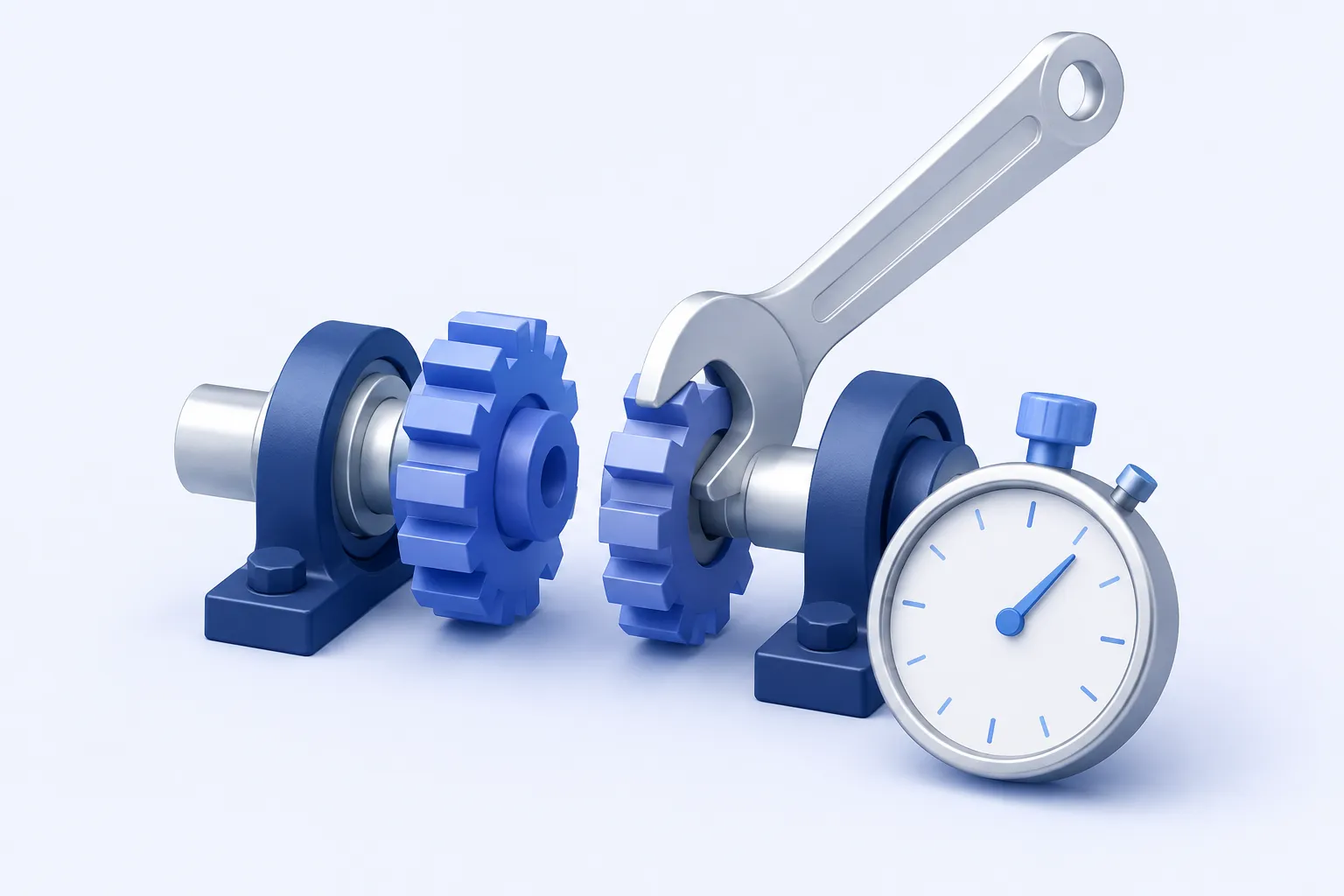 A separated gear coupling being rejoined by a neatly placed wrench, with a compact stopwatch beside it.