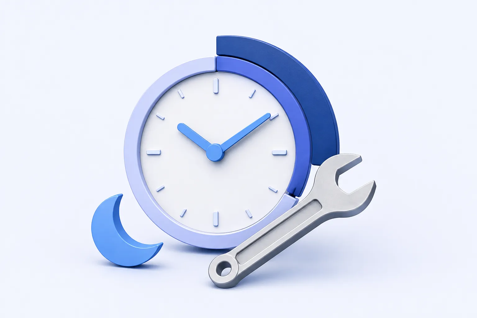A circular workday clock with a distinct extra indigo arc extending beyond its usual pale ring, next to a wrench and a small crescent moon.