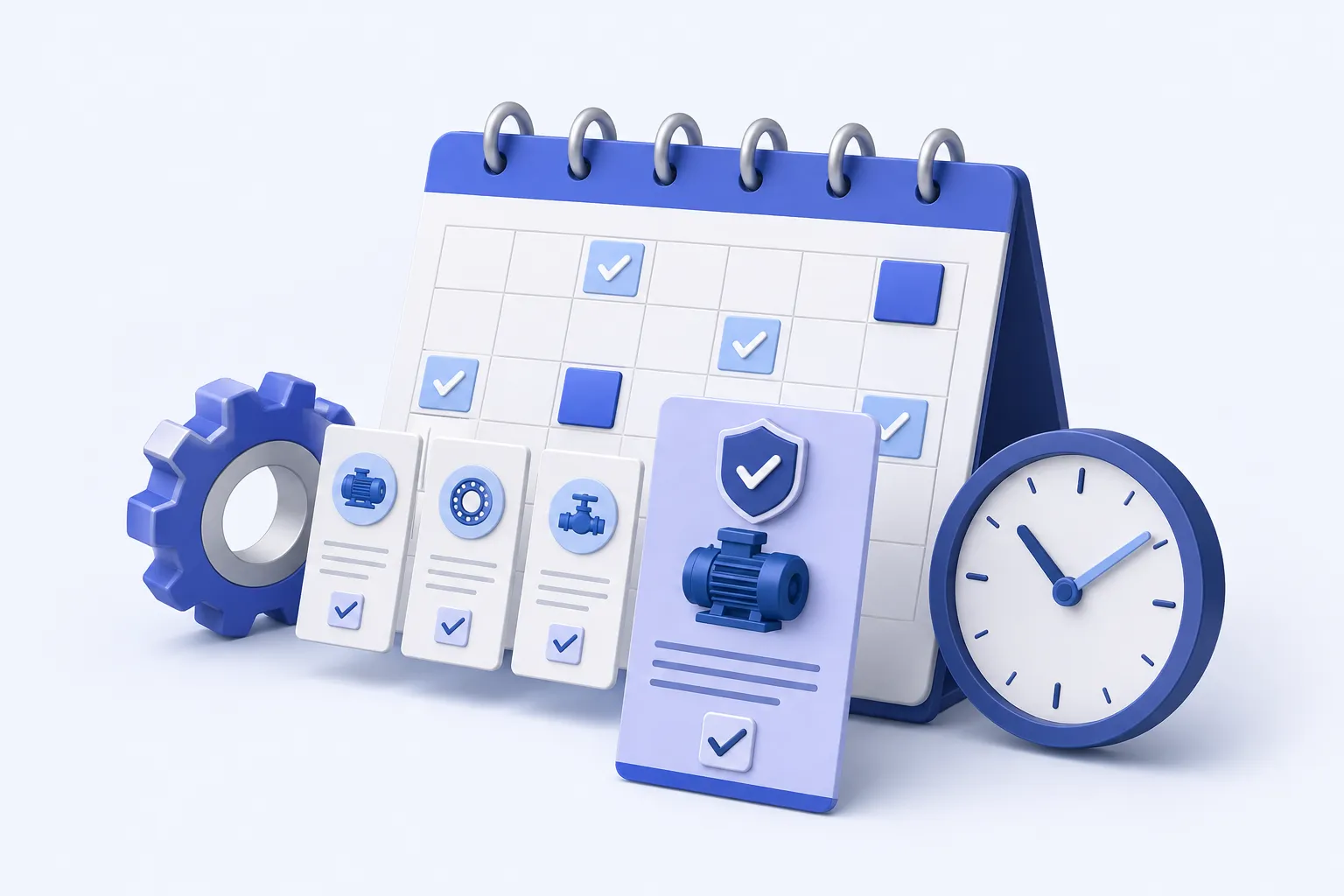 A maintenance calendar with inspection cards aligned to its squares, including a prominent shield-marked critical job card and a clock.