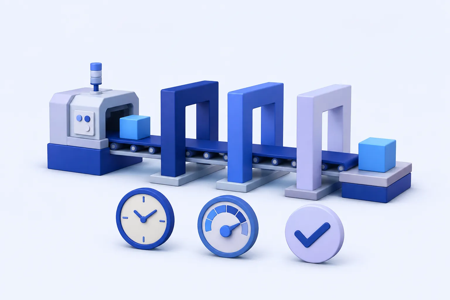 A compact production machine feeds through three simple aligned gate shapes toward a finished product cube; a small clock, speed dial without numbers, and check mark identify the three operational considerations without text..