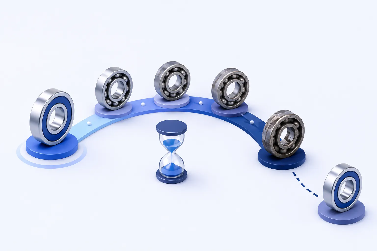 A single replaceable industrial bearing moving along a clean life-path arc from a pristine state to a visibly worn bearing at the end, with a small hourglass.