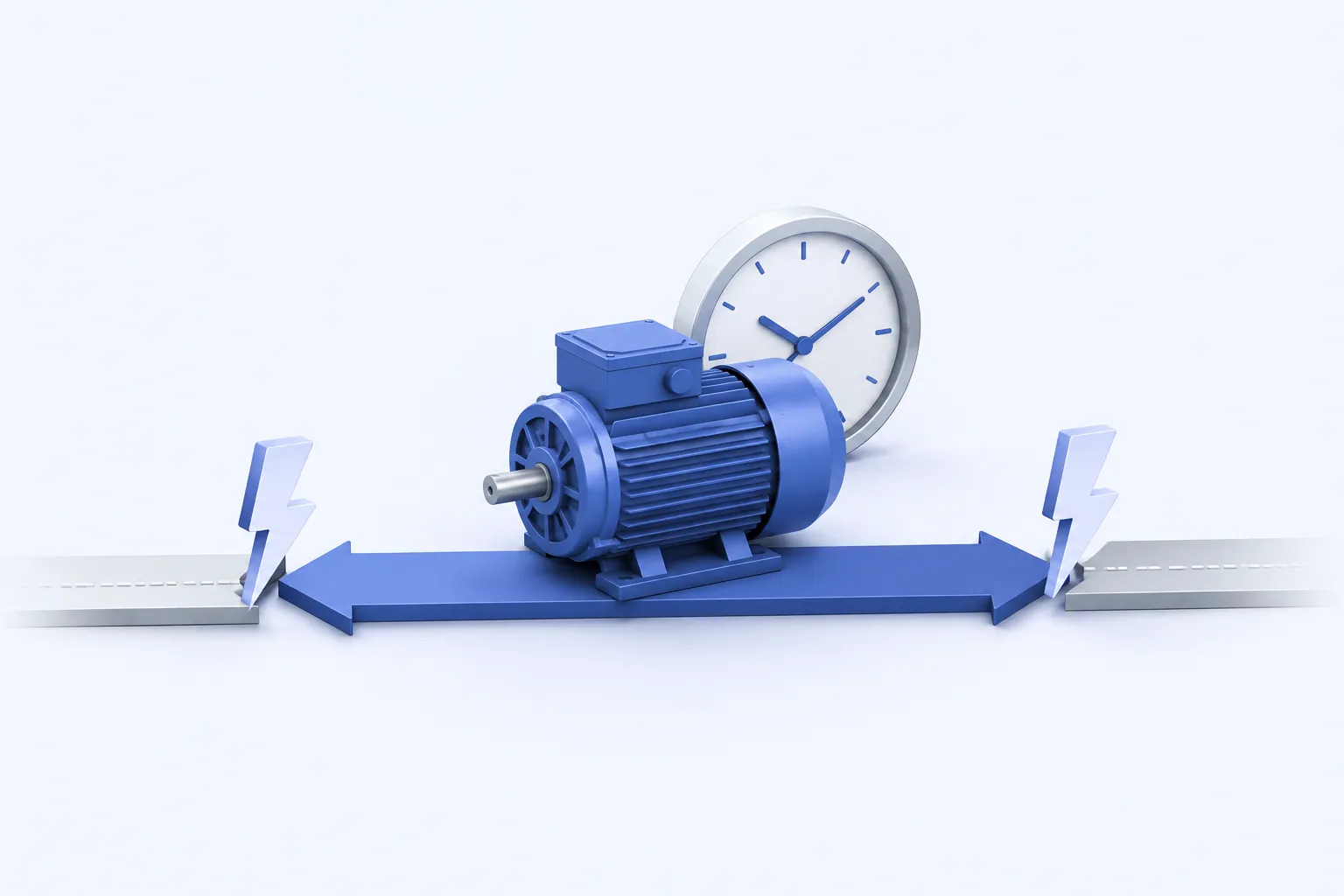 A continuously running industrial motor in the middle of a clean horizontal time ribbon, with two small interruption bolts spaced apart at its ends.