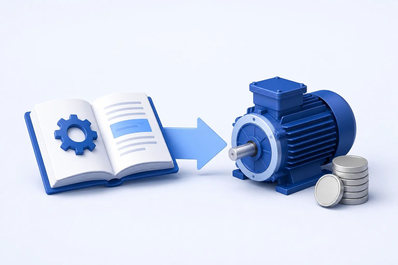An open learning book with a small gear on one side of a clean broad arrow, leading to a healthier industrial motor and a modest plain coin stack.