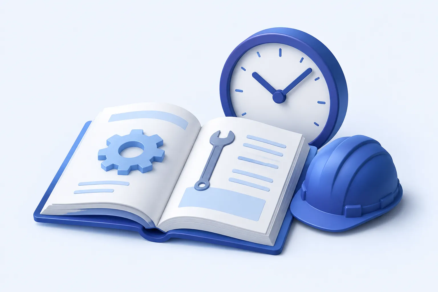 An open technical learning book beside a clock and a simplified hard hat, with a small gear silhouette on the page.