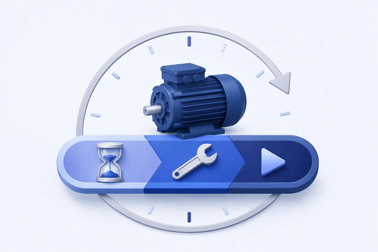 A stopped motor above one continuous time ribbon divided into three visually distinct stages: waiting represented by an hourglass, repair by a wrench, and restart by a play triangle.